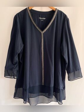 Soft Surroundings Navy Blue Sheer Layered Embellished Tunic Top V-neck Size 2X